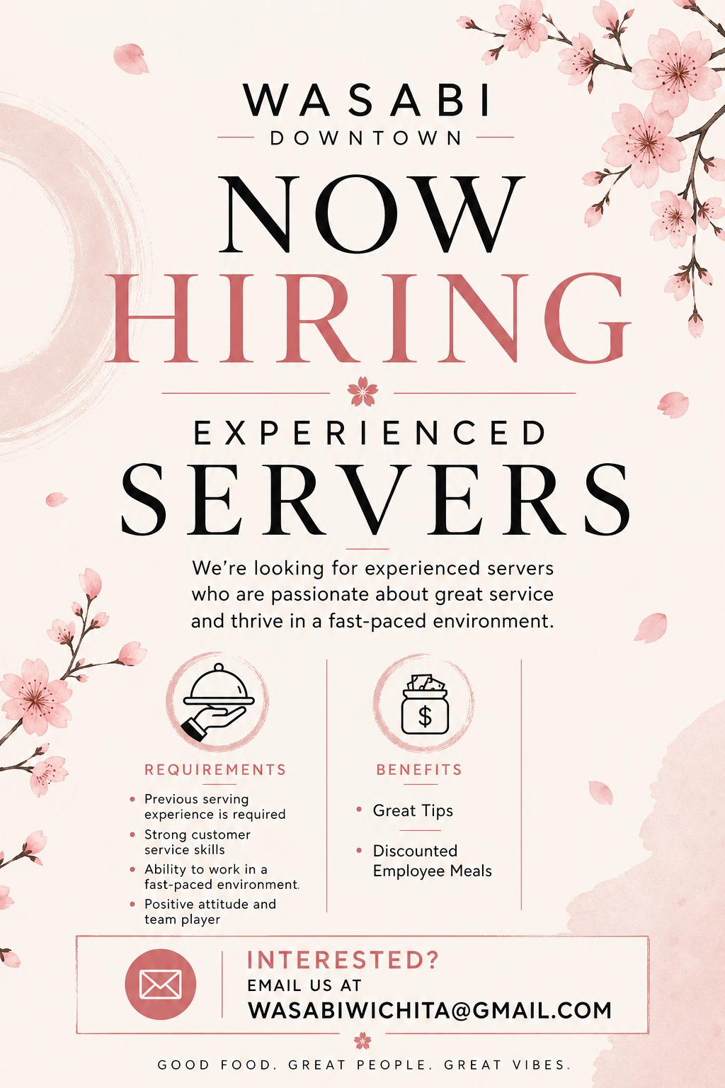 Cherry blossom-themed server recruitment ad at Wasabi Hinkaku, a Sushi restaurant in Wichita
